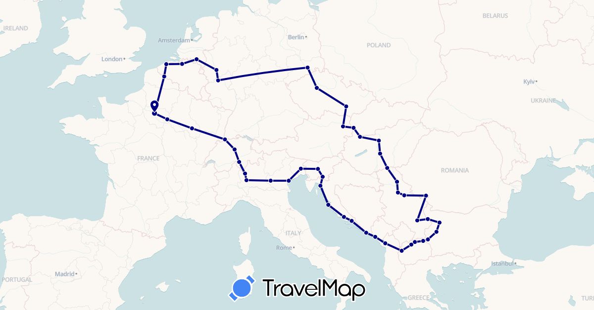 TravelMap itinerary: driving in Albania, Austria, Belgium, Bulgaria, Switzerland, Czech Republic, Germany, France, Croatia, Hungary, Italy, Montenegro, Macedonia, Netherlands, Serbia, Slovenia, Slovakia (Europe)